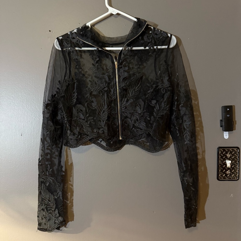 Windsor black crop lace zip up top
